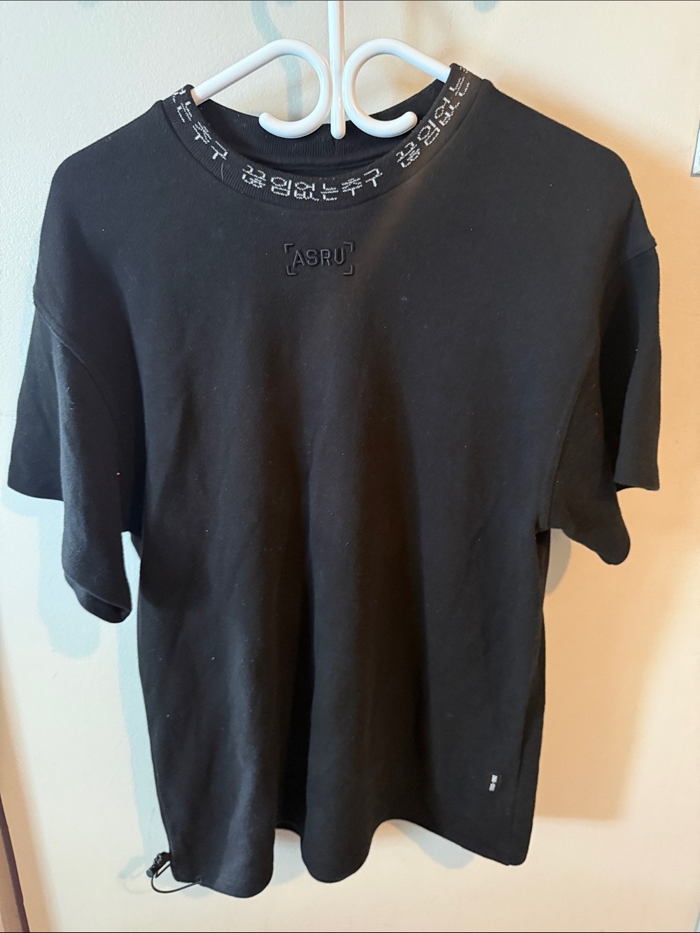 ASRV Black Crewneck Tee with Script Neck Detail